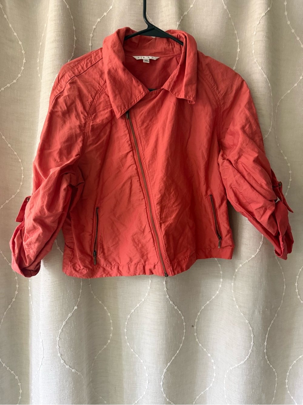 CAbi Women’s Coral Asymmetrical Zip Moto Jacket w/ roll sleeves